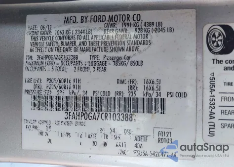 2012 Ford Fusion S из США, поврежденный, VIN 3FAHP0GA7CR103388